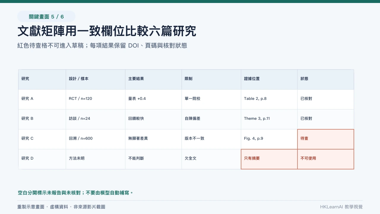六篇虛構研究在文獻矩陣按問題、方法、樣本、結果、限制、DOI 和核對狀態比較 六篇虛構研究在文獻矩陣按問題、方法、樣本、結果、限制、DOI 和核對狀態比較