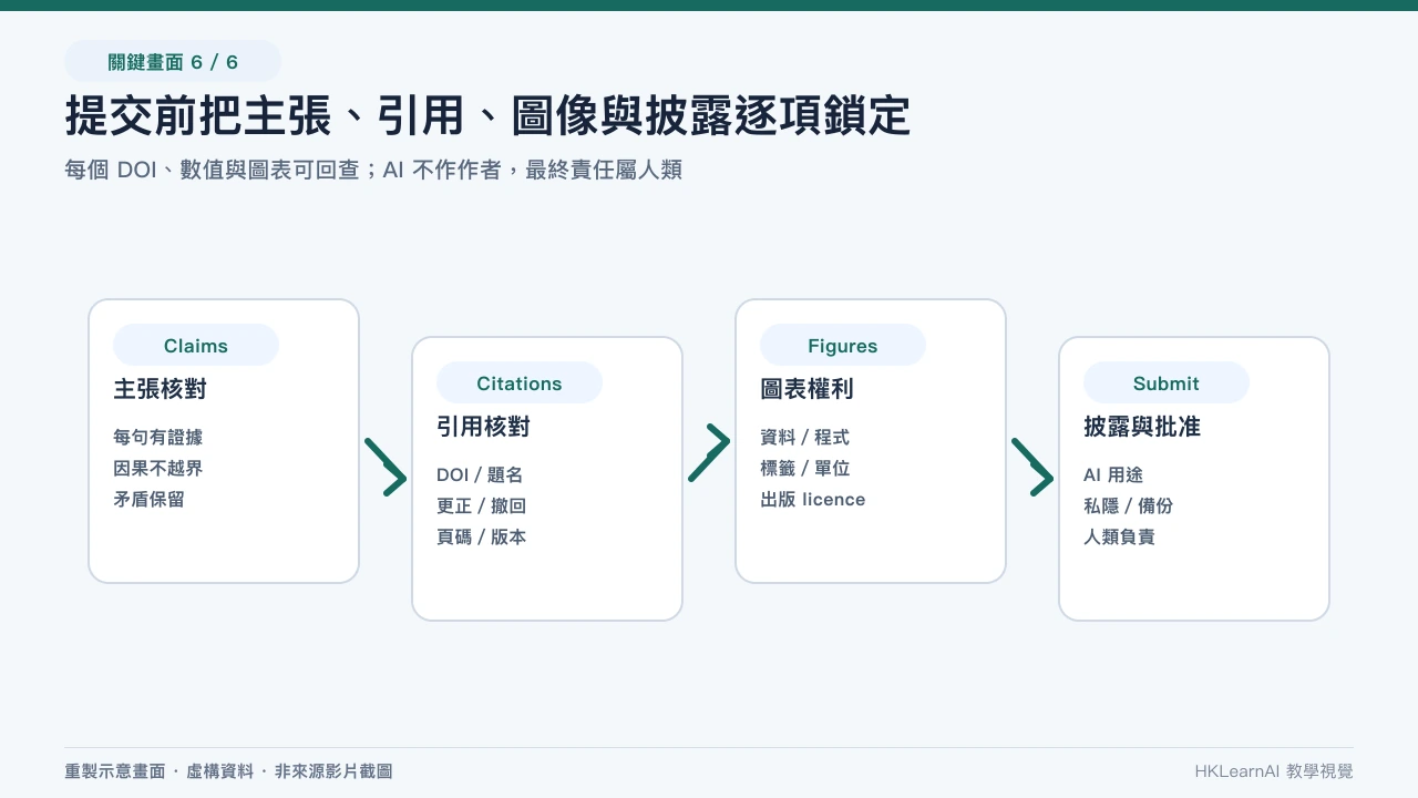 AI 論文提交前核對來源、DOI、撤回、私隱、圖像授權、AI 披露和人工批准 AI 論文提交前核對來源、DOI、撤回、私隱、圖像授權、AI 披露和人工批准