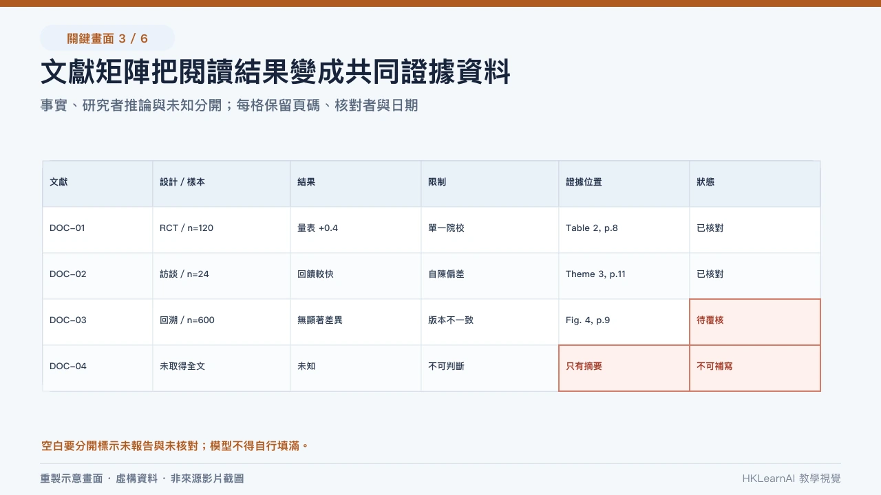 虛構文獻矩陣按問題、理論、樣本、設計、結果、限制、證據頁碼和核對者比較