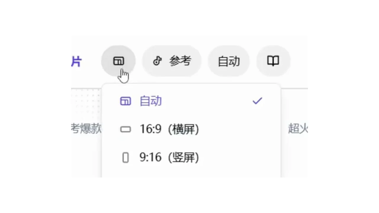 錄影版小雲雀畫幅選單顯示自動、16 比 9 和 9 比 16
