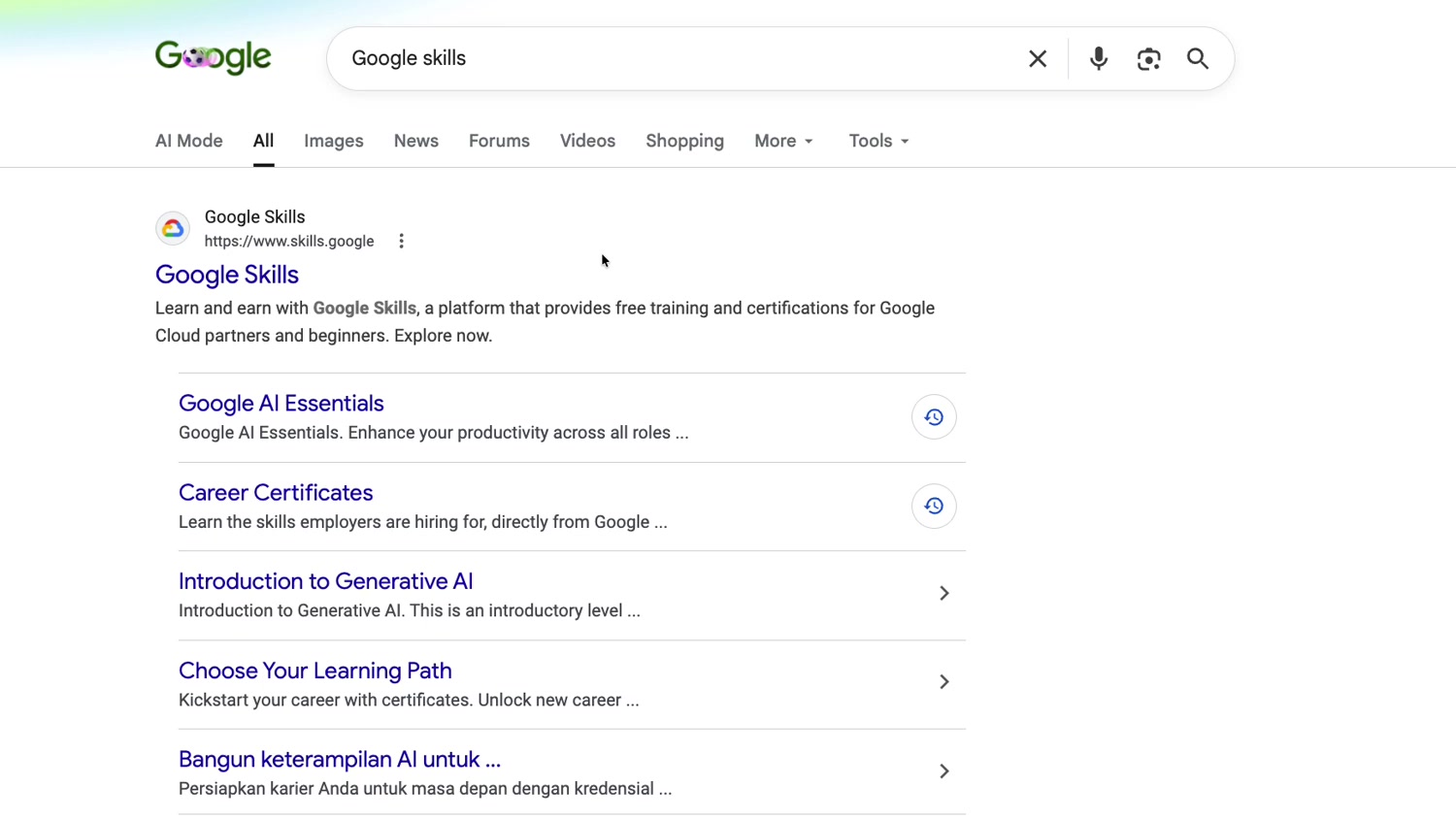 搜尋結果顯示 Google Skills 官方學習平台入口 搜尋結果顯示 Google Skills 官方學習平台入口