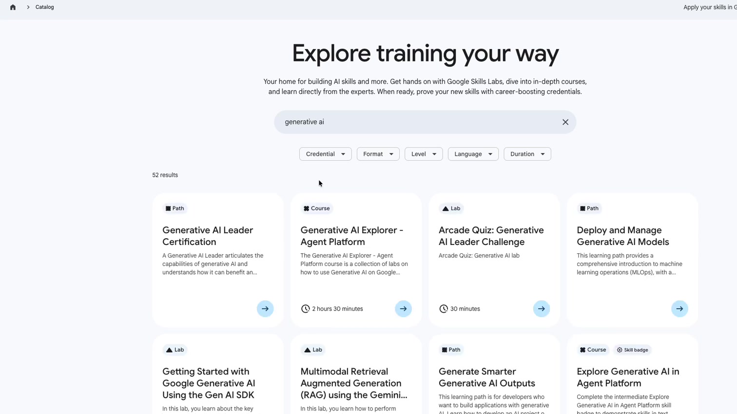 Google Skills 目錄套用 Generative AI 篩選後的課程結果