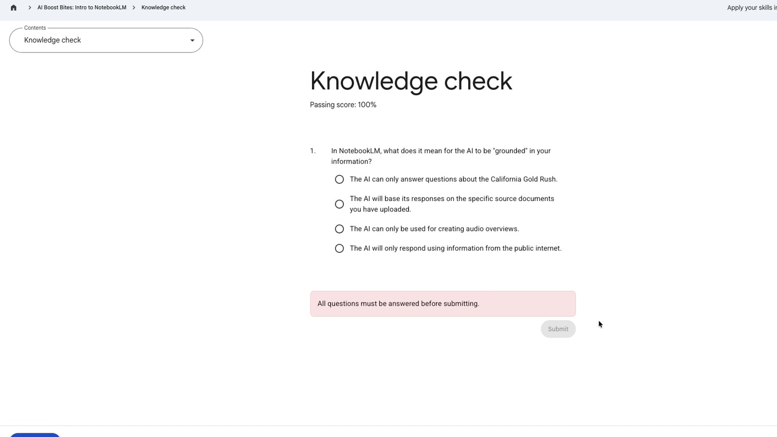 NotebookLM 課程 knowledge check 顯示答案驗證與紅色錯誤回饋