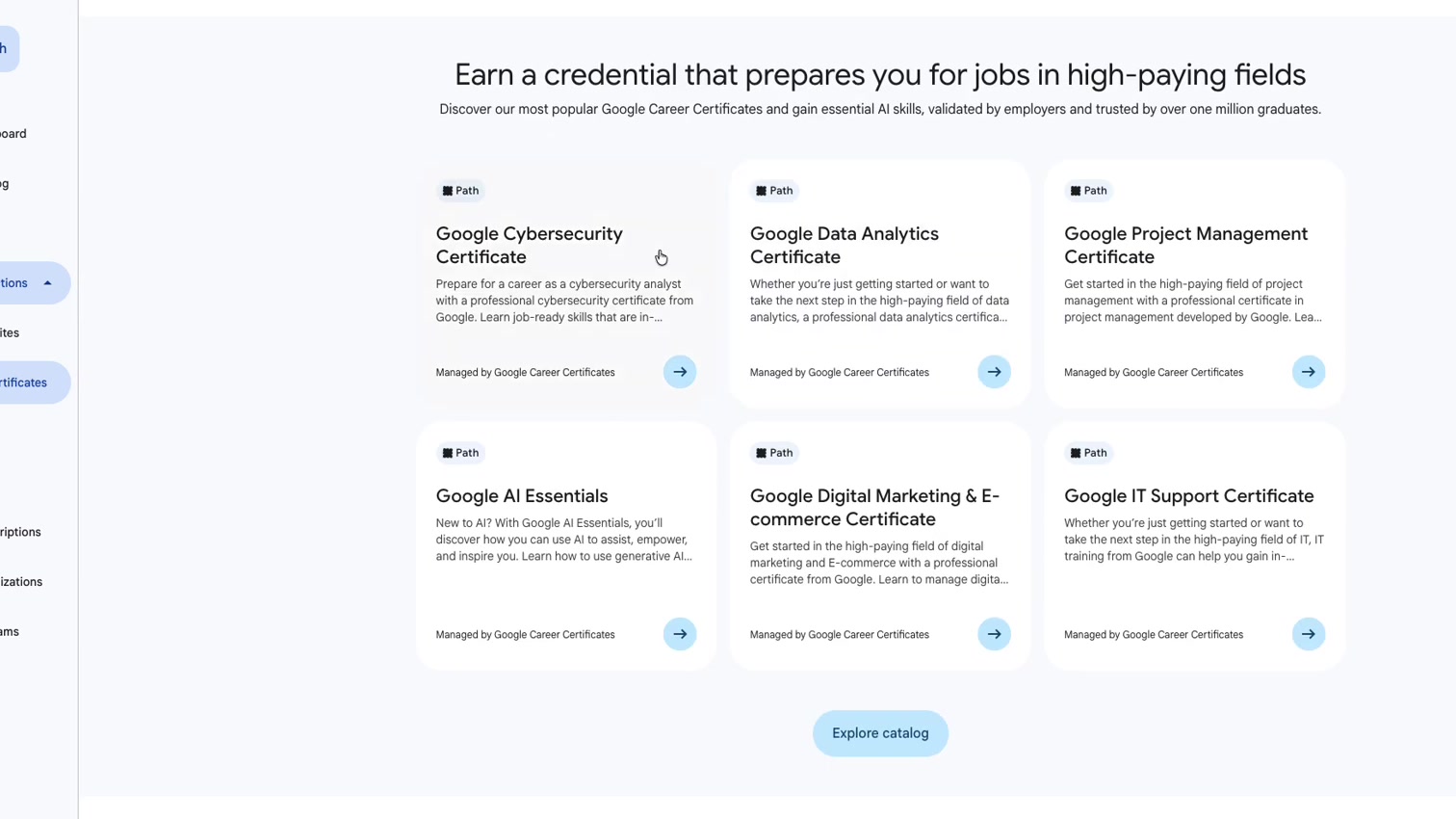 Google Career Certificate 目錄顯示多個職涯學習方向