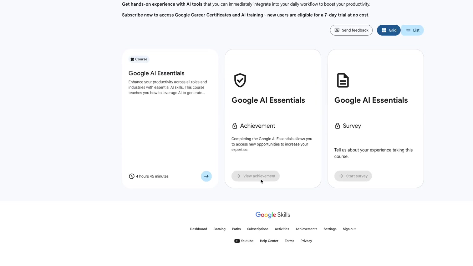 Google AI Essentials 學習成果與 Achievement 卡片