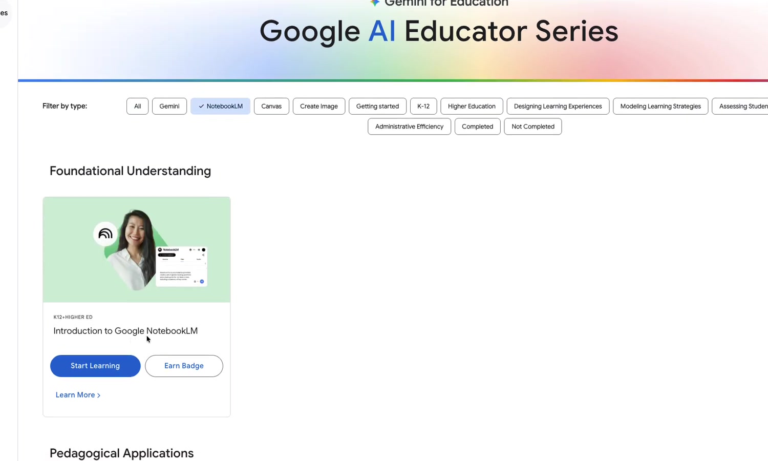 Education Learning Center 顯示 NotebookLM Educator Series 篩選結果