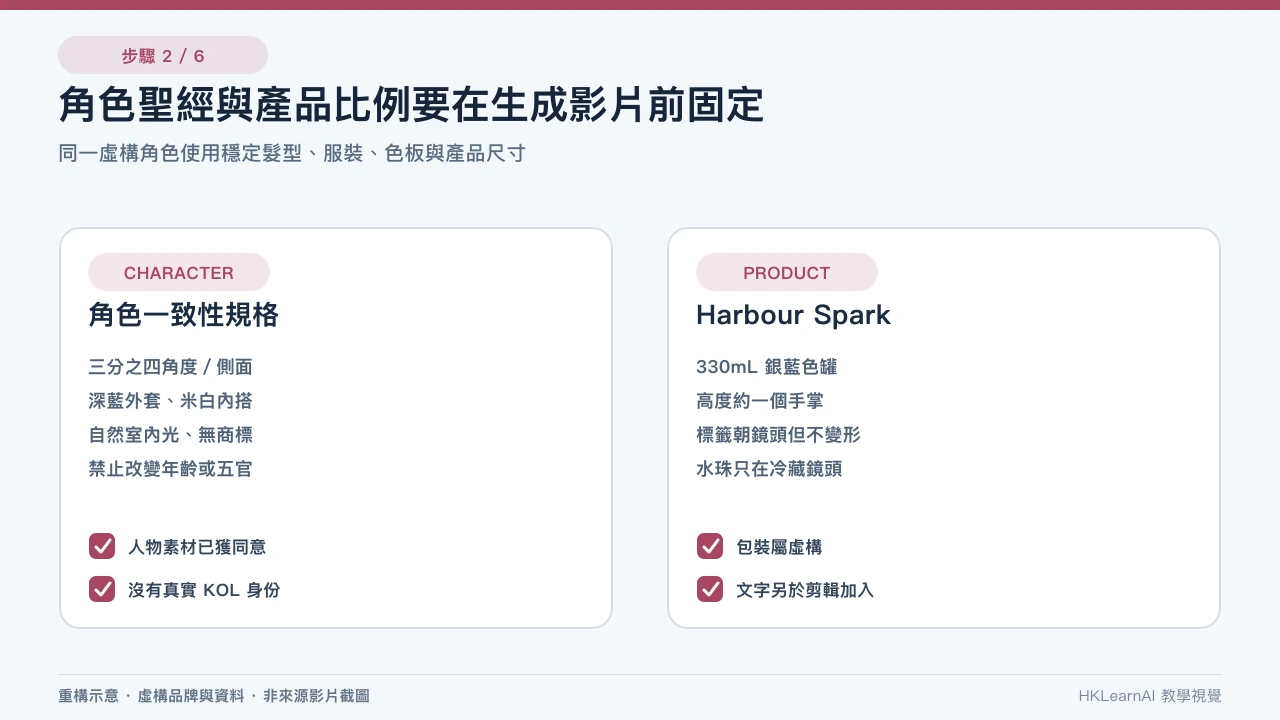 Harbour Spark 虛構廣告角色的正面、側面、全身、服裝色板、產品比例與固定身份錨點