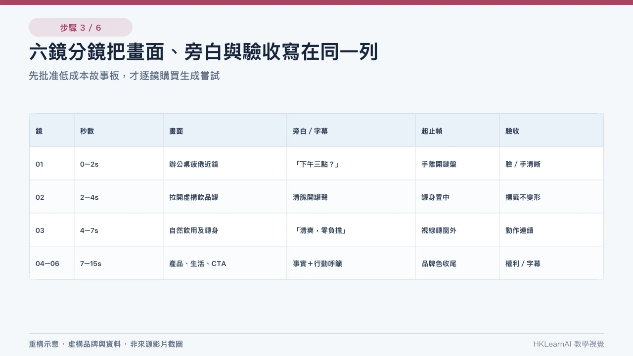 Google Docs 形式的 Harbour Spark 六鏡廣告分鏡表顯示秒數、鏡頭、動作、旁白、音效、連戲和批准狀態