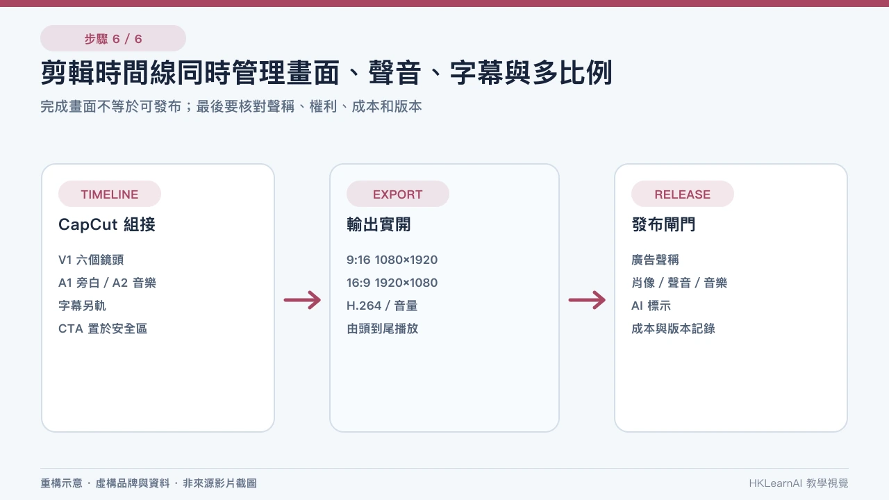 CapCut 形式的六鏡廣告時間線顯示影片、真實品牌疊加、繁體字幕、旁白、音效、音樂、手機預覽和發布 QA CapCut 形式的六鏡廣告時間線顯示影片、真實品牌疊加、繁體字幕、旁白、音效、音樂、手機預覽和發布 QA