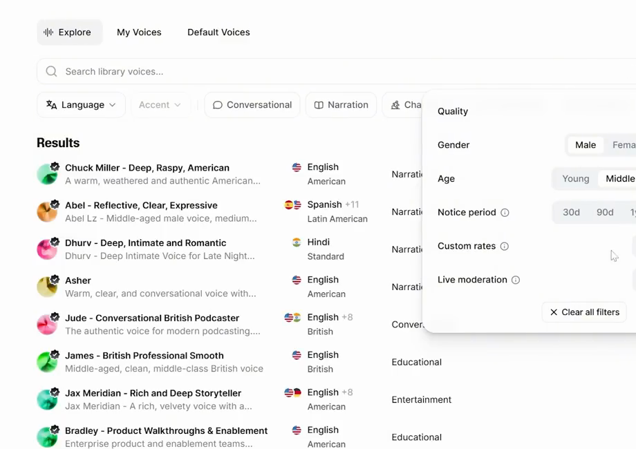 ElevenLabs 聲音庫的語言、口音、用途、性別與年齡篩選介面 ElevenLabs 聲音庫的語言、口音、用途、性別與年齡篩選介面