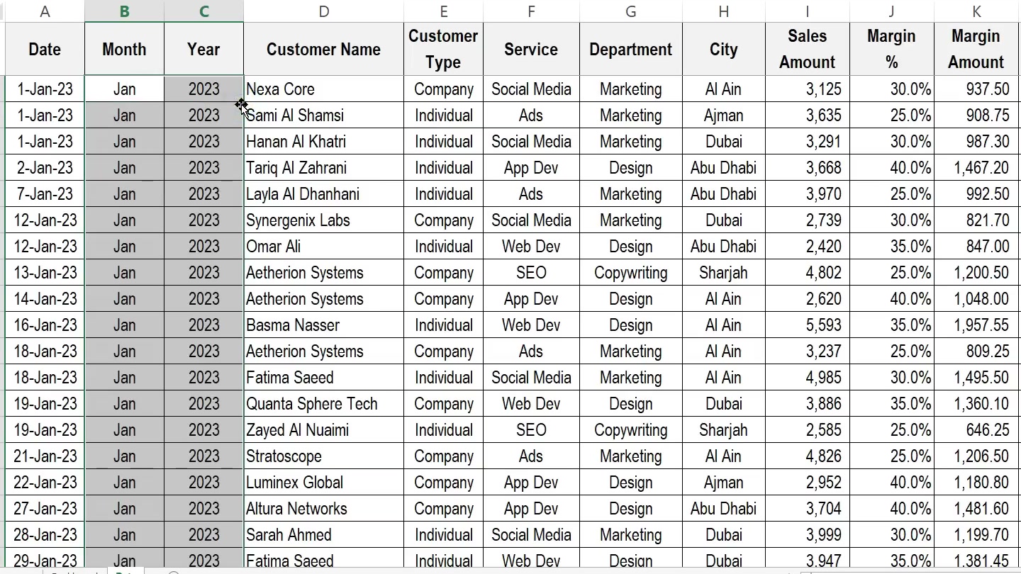 Excel 銷售資料新增 Month 和 Year 輔助欄供 PivotTable 與切片器使用