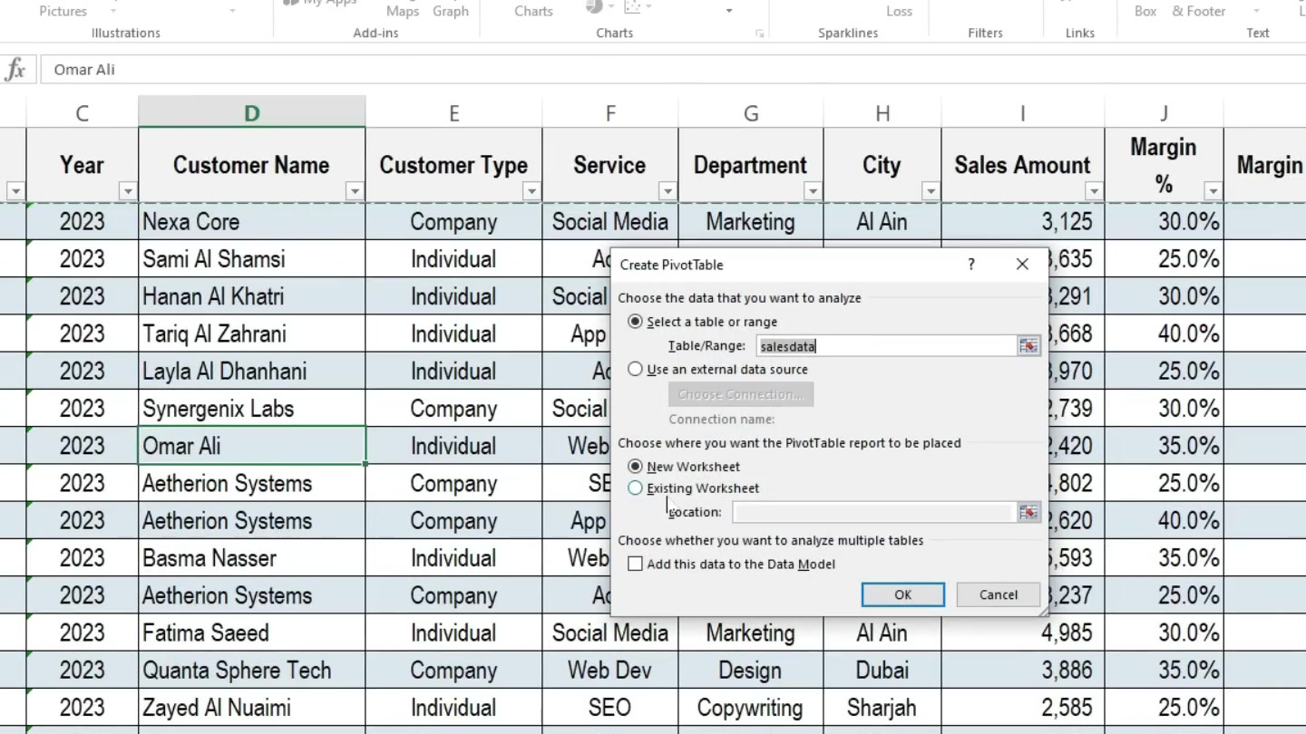 Excel Create PivotTable 對話框確認銷售資料來源及放置位置 Excel Create PivotTable 對話框確認銷售資料來源及放置位置
