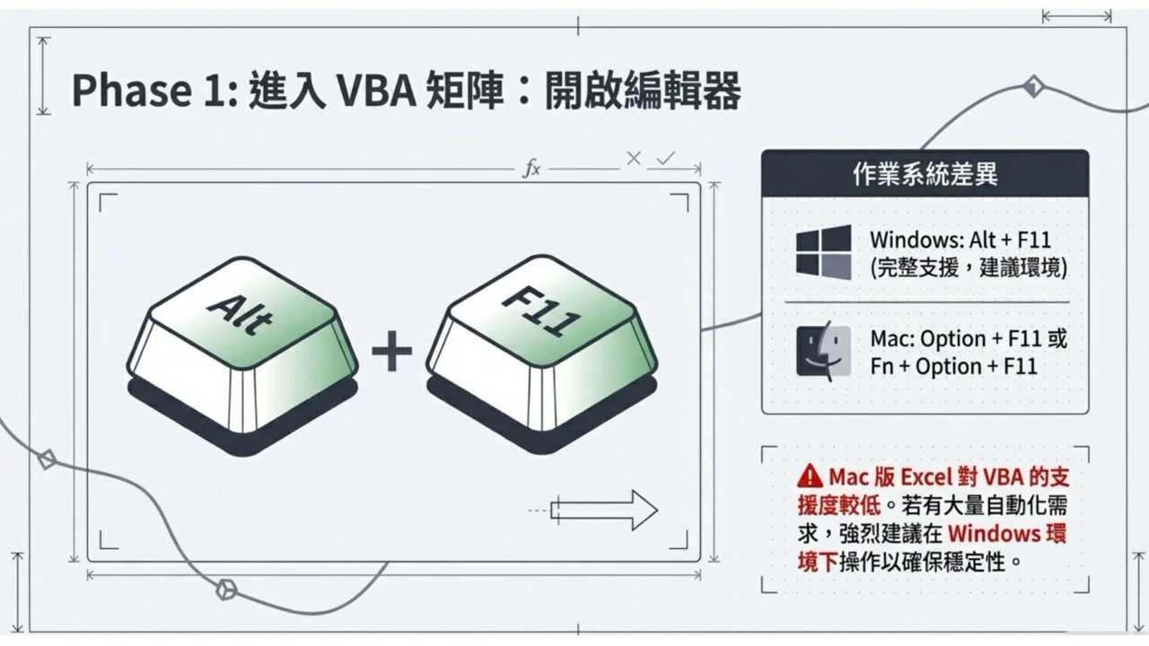 Windows 和 Mac 開啟 Visual Basic Editor 的重製流程示意