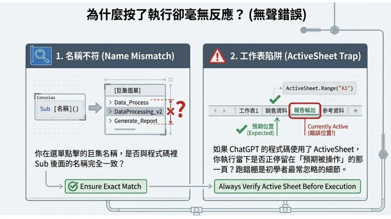 巨集名稱不符與 ActiveSheet 工作表陷阱的重製除錯示意