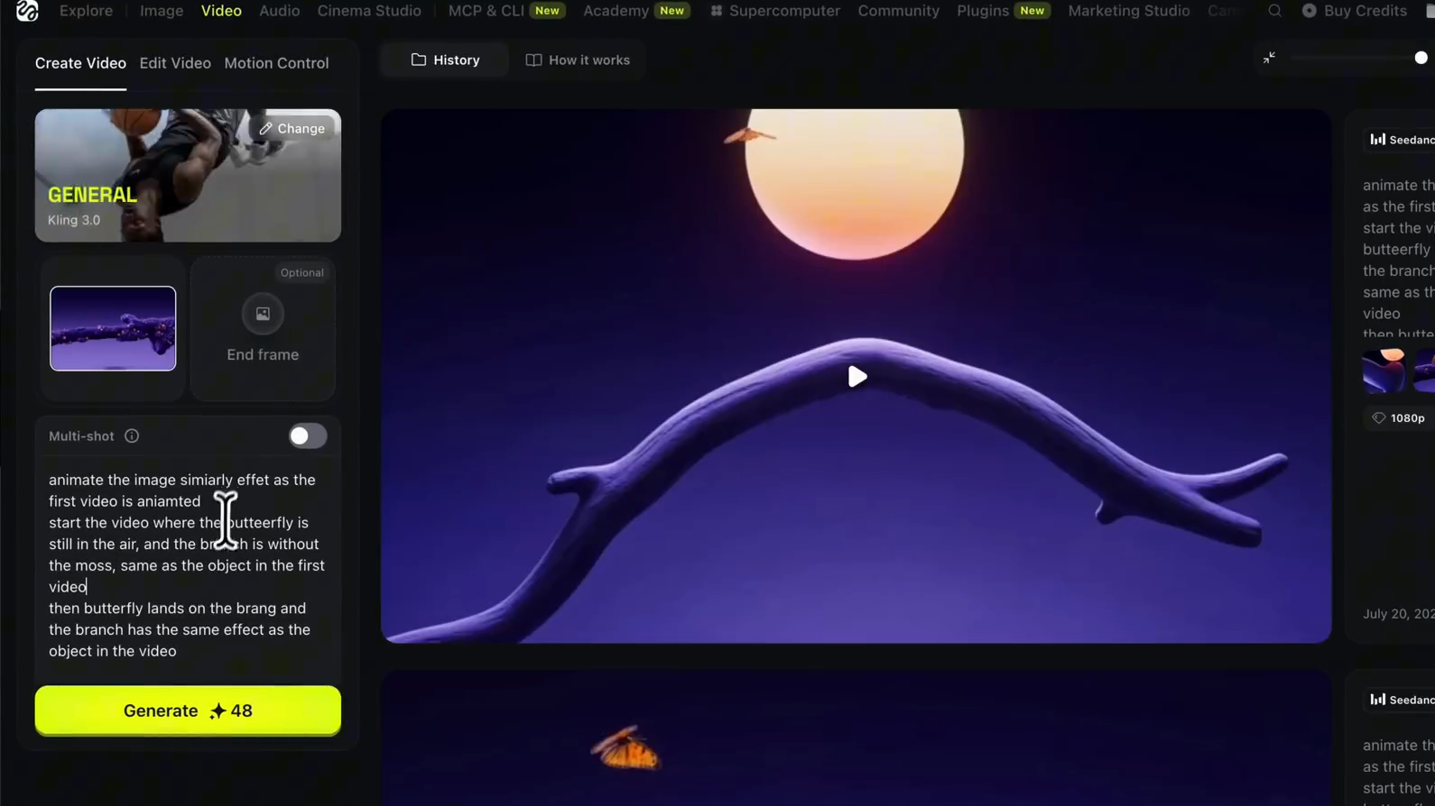 Higgsfield Create Video 顯示紫色枝條起始圖、Kling 3.0 與動畫 prompt Higgsfield Create Video 顯示紫色枝條起始圖、Kling 3.0 與動畫 prompt