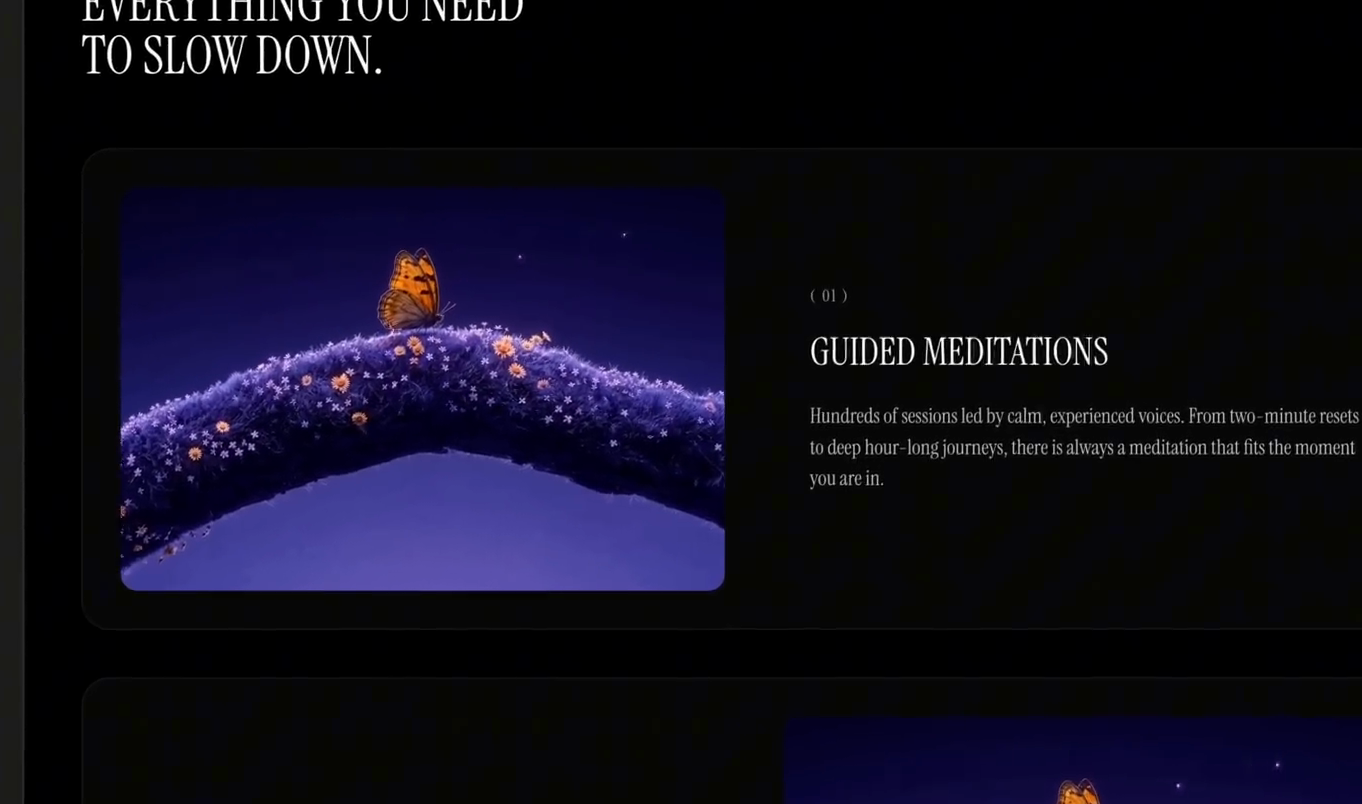 深色冥想網站 Feature 區，左側為蝴蝶花卉影片卡，右側為 Guided Meditations 文字
