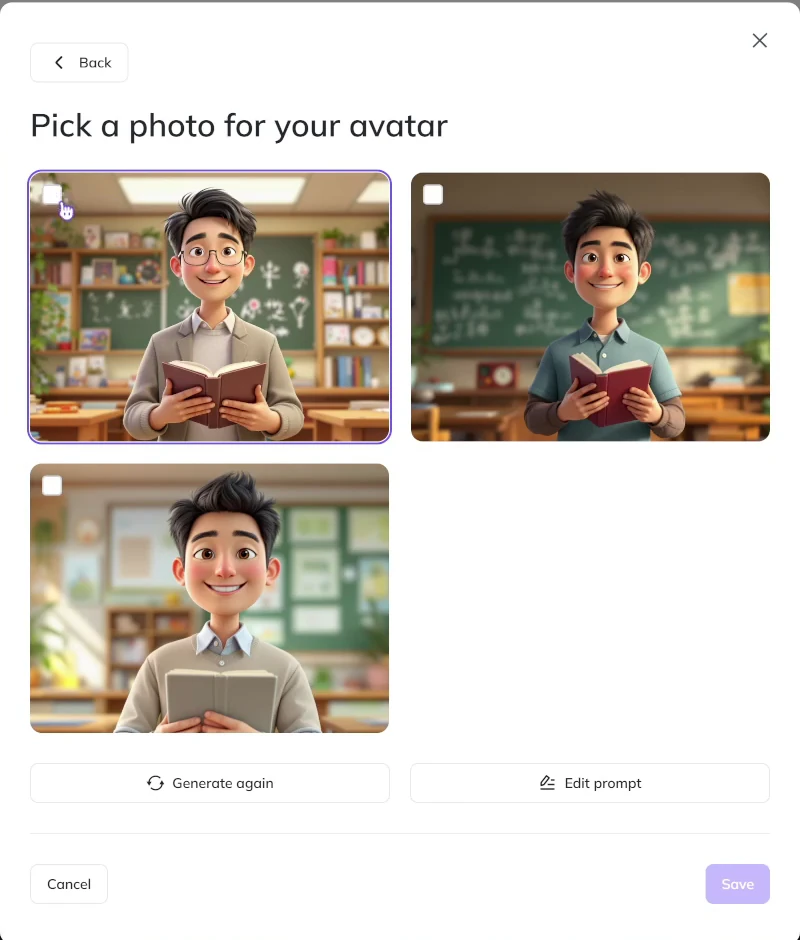 HeyGen Pick a photo for your avatar 候選圖與 Save 按鈕 HeyGen Pick a photo for your avatar 候選圖與 Save 按鈕