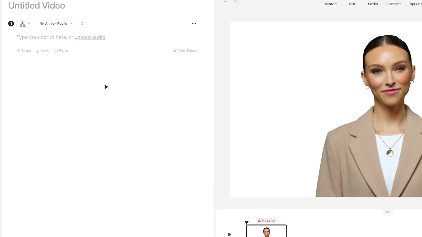 HeyGen 新 AI Studio 的腳本區、工具列、畫布與時間線