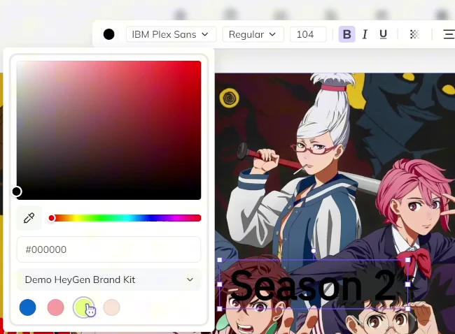 HeyGen Season 2 標題的字型、字號、粗體與顏色選擇器