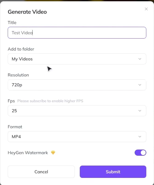 HeyGen Generate Video 視窗的 Test Video 720p 25 FPS MP4 設定