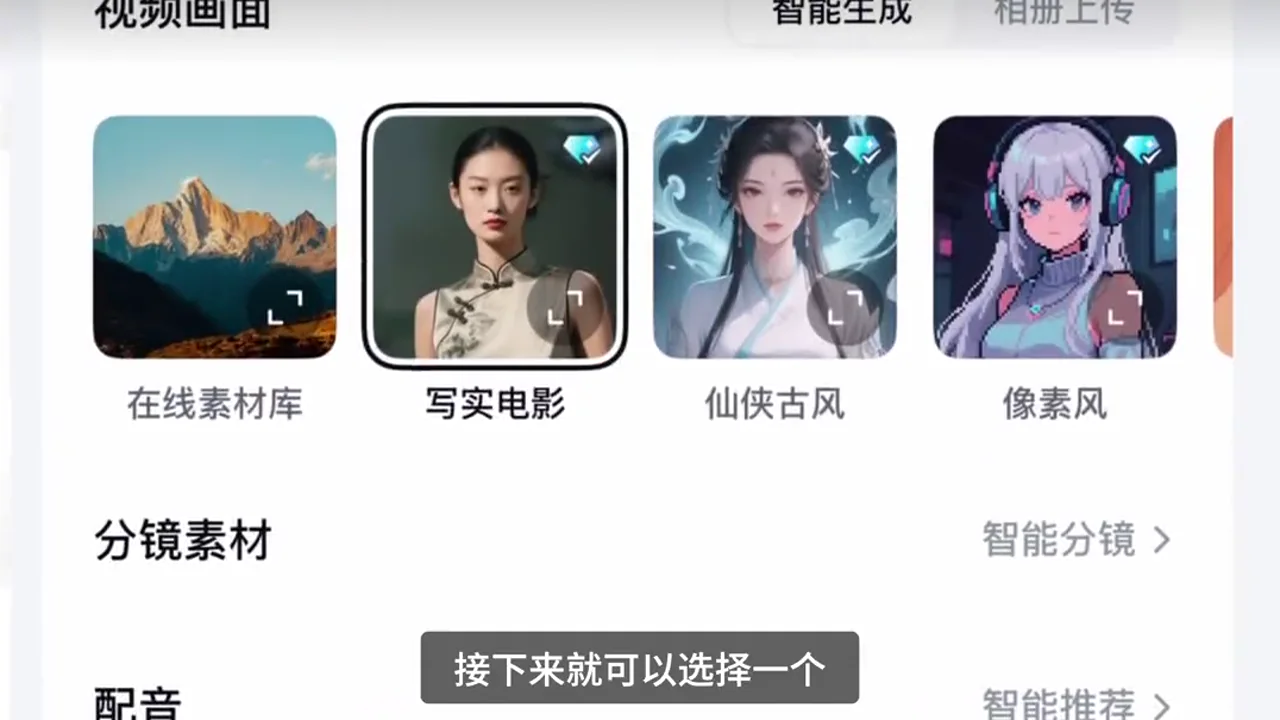 AI 文字成片的畫風、分鏡素材和配音設定頁
