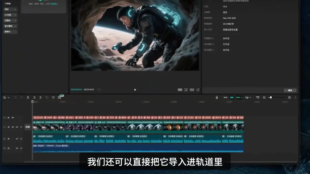 剪映專業版中 AI 生成影片已導入多軌時間線