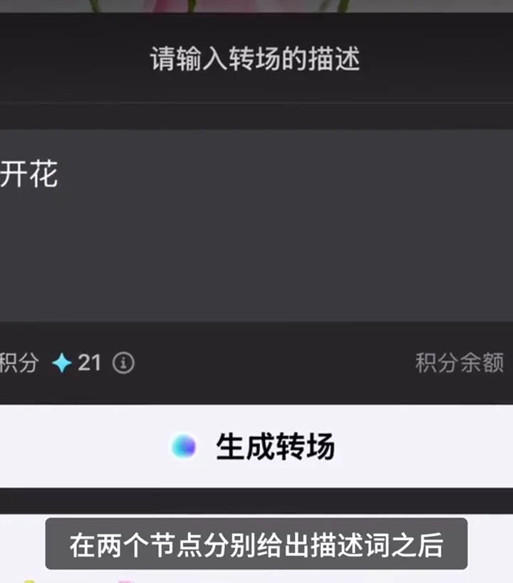 自訂 AI 轉場描述欄輸入花苞開花