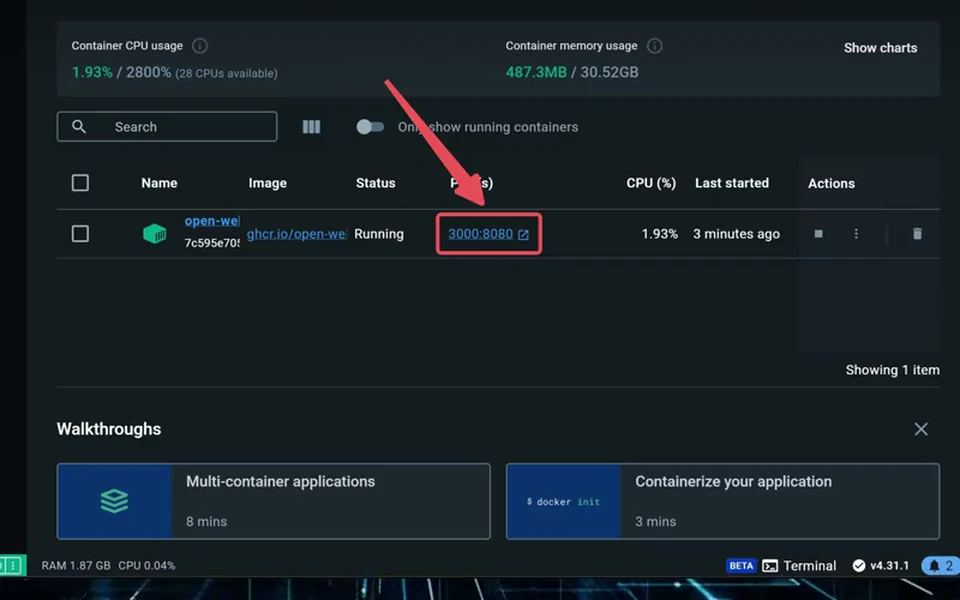 Docker Desktop 顯示 Open WebUI container 和 localhost port mapping