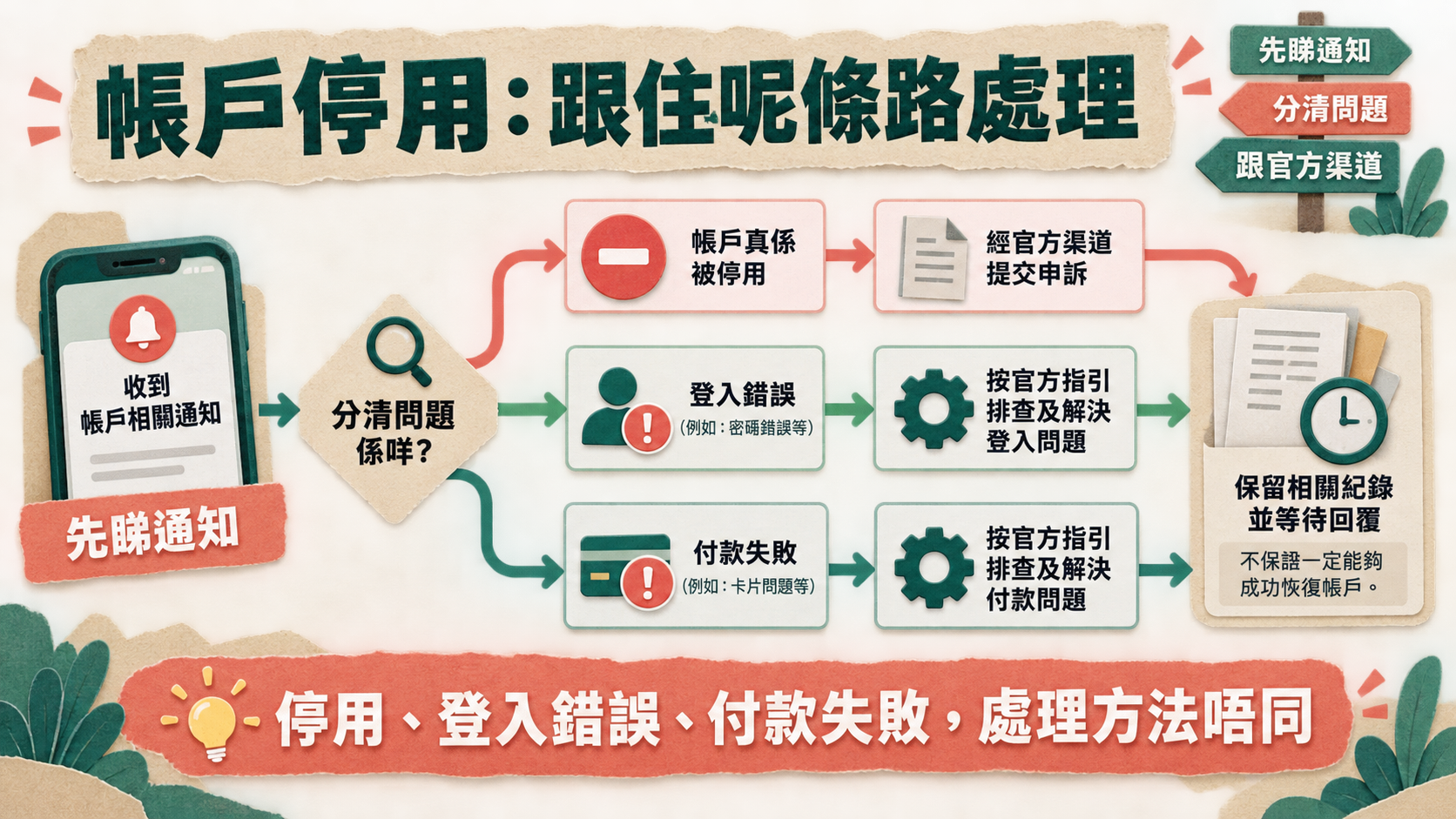 帳戶停用:跟住呢條路處理;先睇通知 → 分清問題 → 跟官方渠道;停用、登入錯誤、付款失敗,處理方法唔同