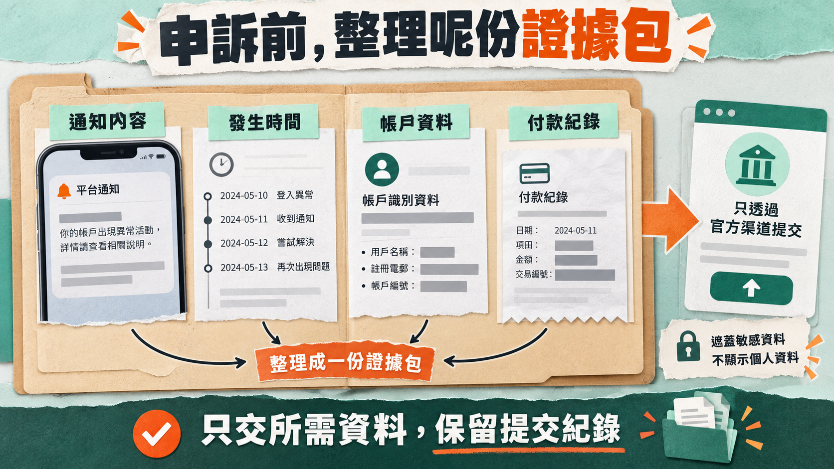 申訴前,整理呢份證據包;通知內容|發生時間|帳戶資料|付款紀錄;只交所需資料,保留提交紀錄