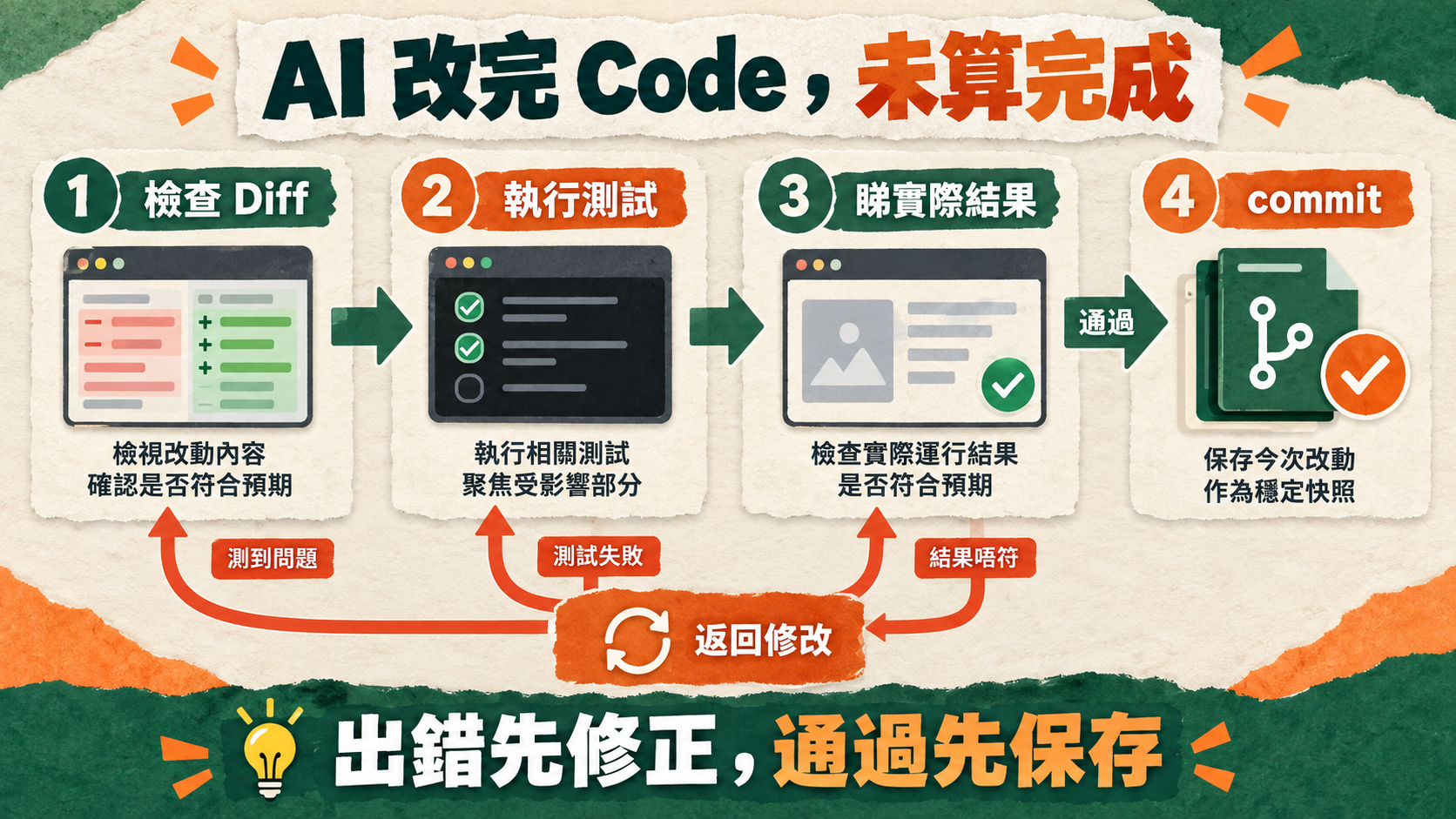AI 改完 Code,未算完成;檢查 Diff → 執行測試 → 睇實際結果 → commit;出錯先修正,通過先保存