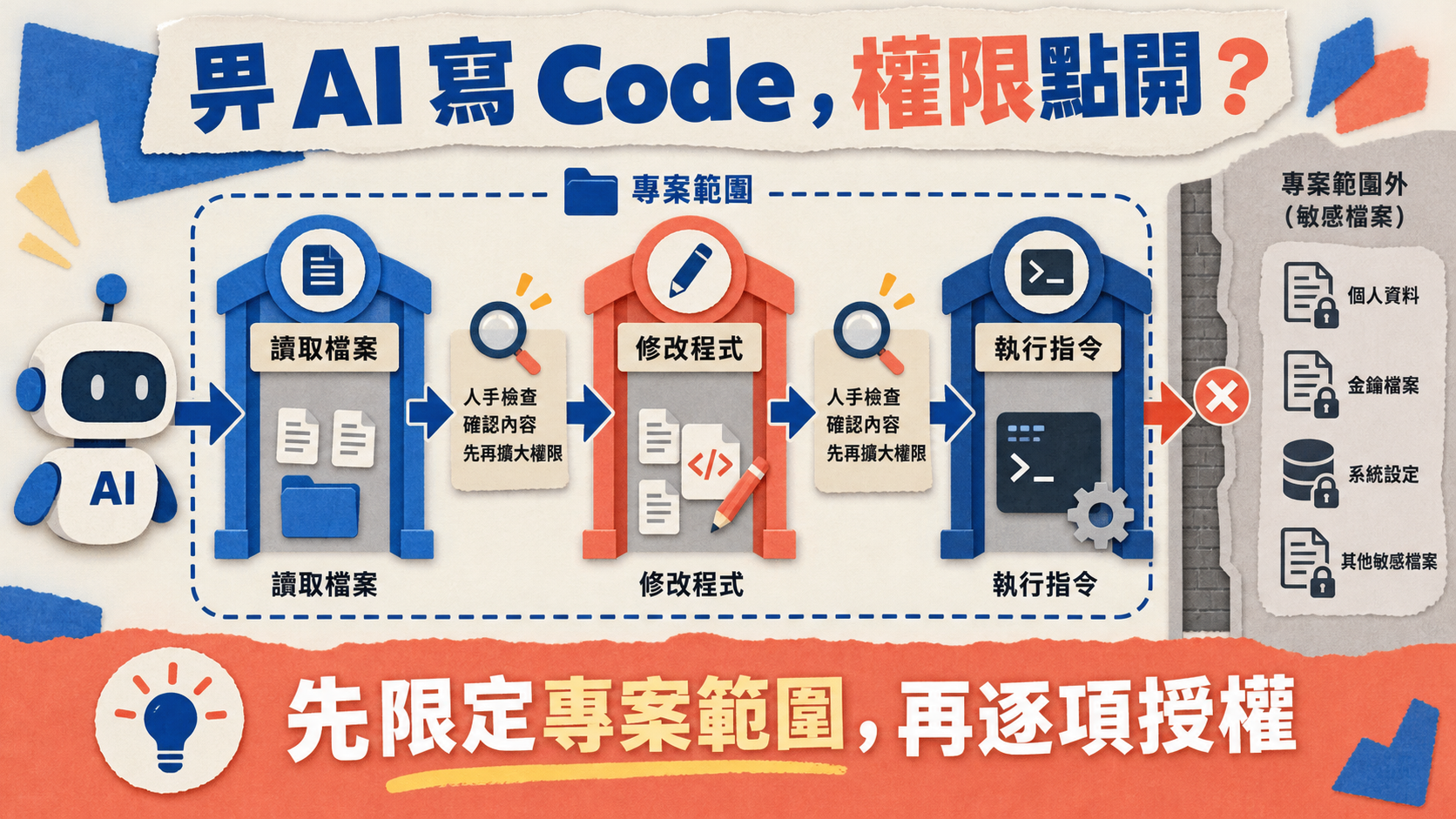 畀 AI 寫 Code,權限點開?;讀取檔案|修改程式|執行指令;先限定專案範圍,再逐項授權