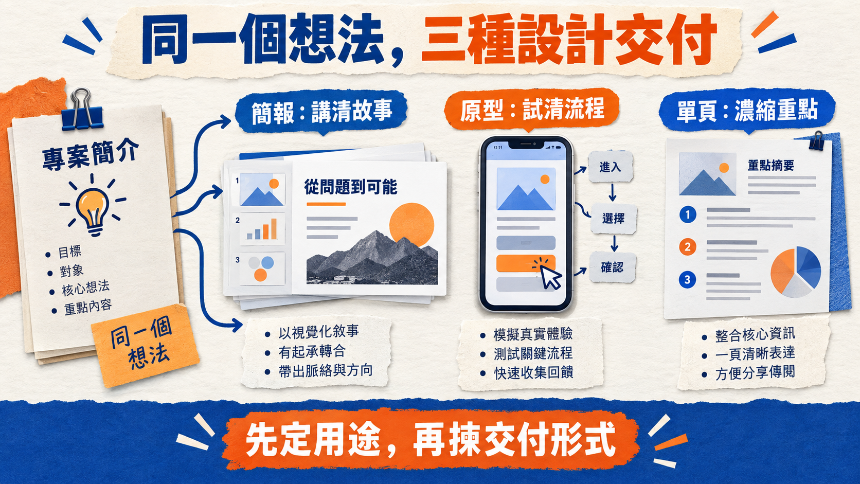 同一個想法,三種設計交付;簡報:講清故事|原型:試清流程|單頁:濃縮重點;先定用途,再揀交付形式