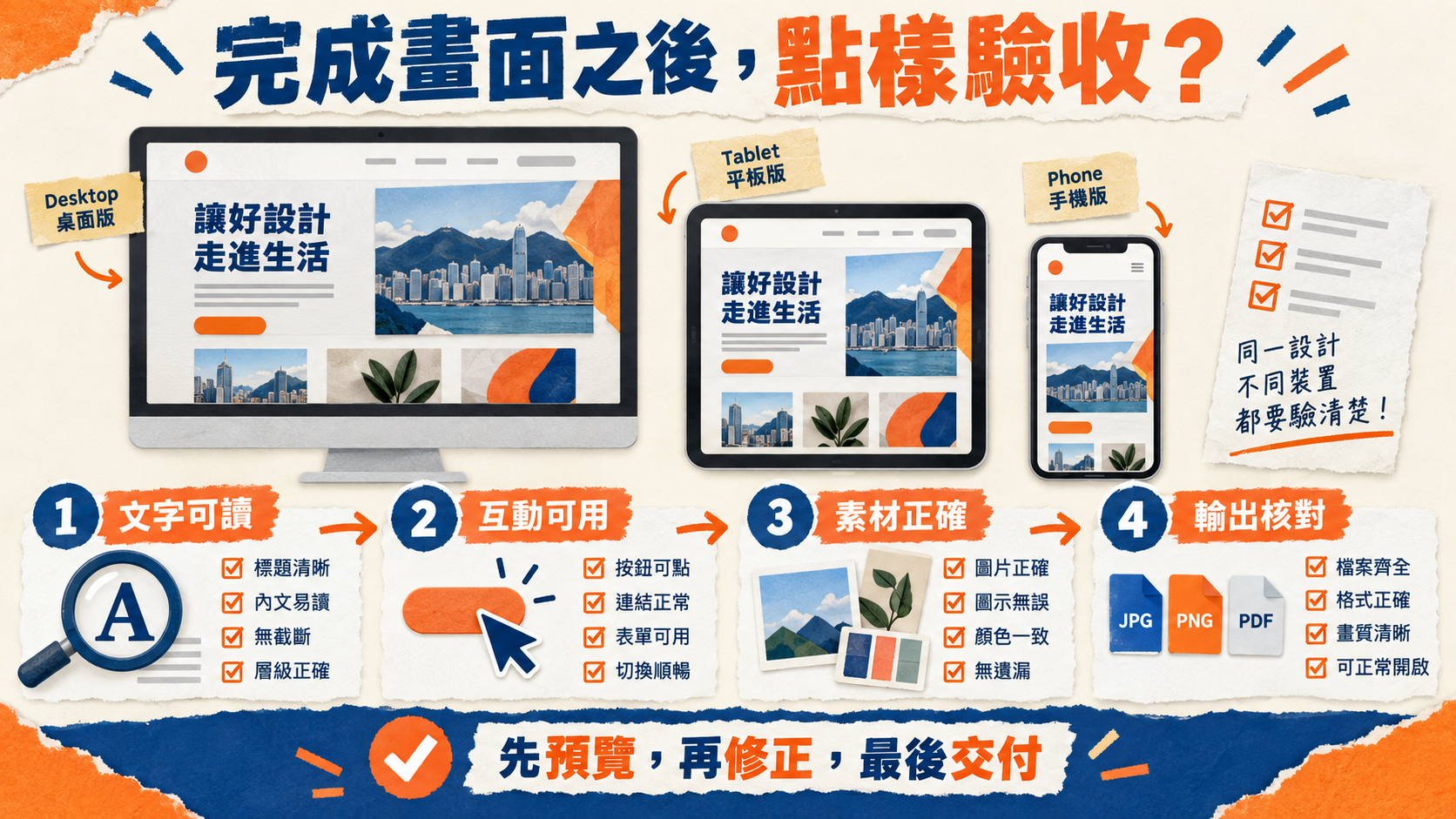 完成畫面之後,點樣驗收?;文字可讀|互動可用|素材正確|輸出核對;先預覽,再修正,最後交付