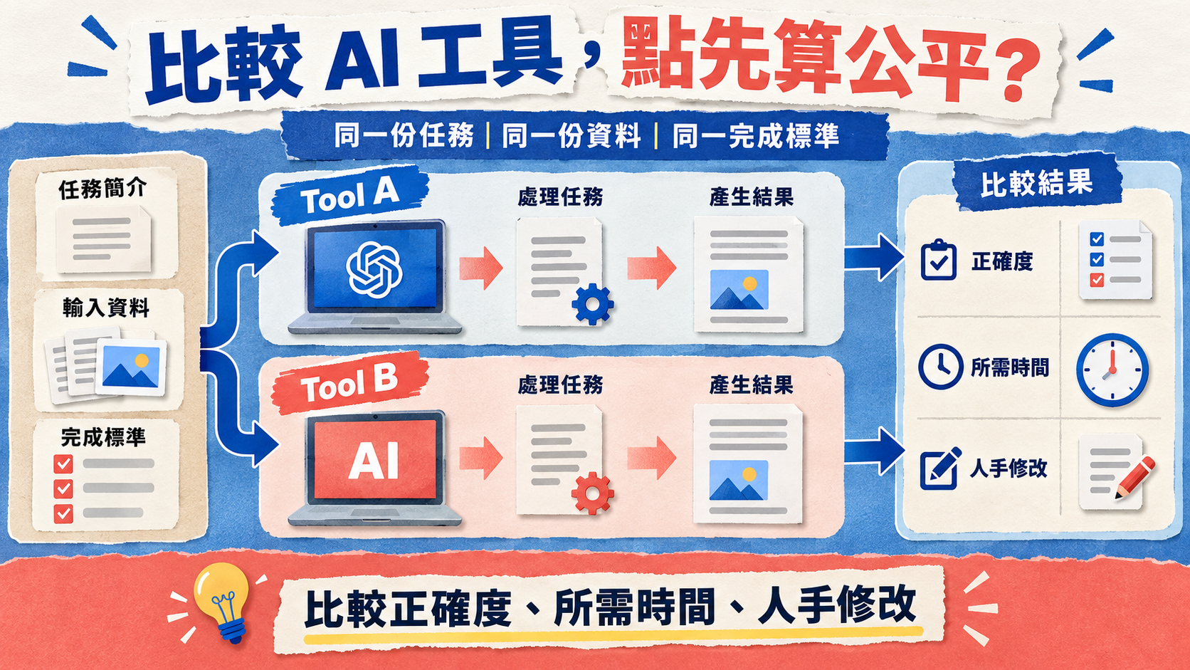 比較 AI 工具,點先算公平?;同一份任務|同一份資料|同一完成標準;比較正確度、所需時間、人手修改