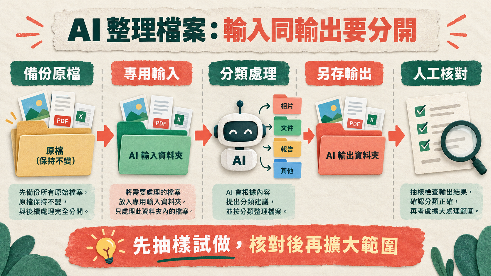 AI 整理檔案:輸入同輸出要分開;備份原檔 → 專用輸入 → 分類處理 → 另存輸出;先抽樣試做,核對後再擴大範圍