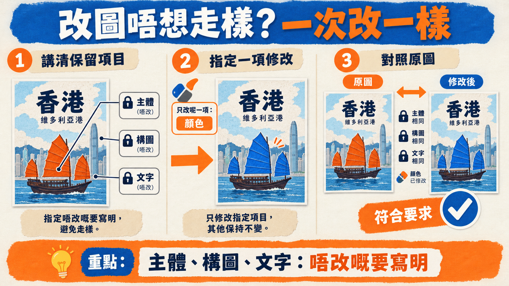 改圖唔想走樣?一次改一樣;講清保留項目 → 指定一項修改 → 對照原圖;主體、構圖、文字:唔改嘅要寫明