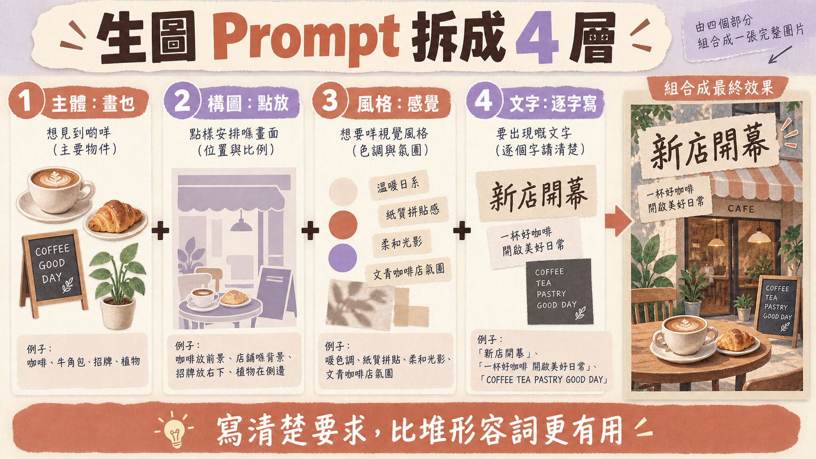 生圖 Prompt 拆成 4 層;主體:畫乜|構圖:點放|風格:感覺|文字:逐字寫;寫清楚要求,比堆形容詞更有用