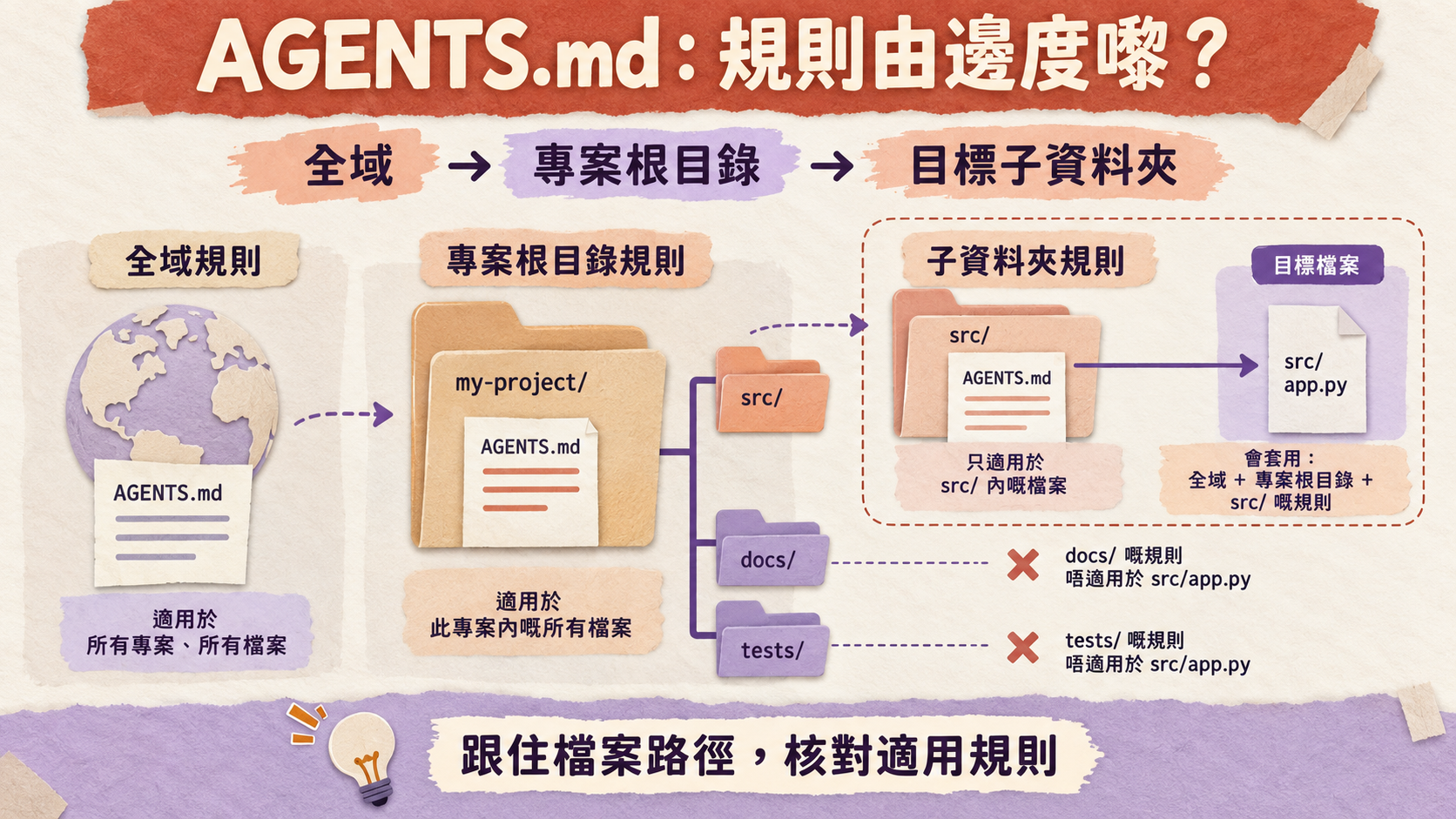 AGENTS.md:規則由邊度嚟?;全域 → 專案根目錄 → 目標子資料夾;跟住檔案路徑,核對適用規則