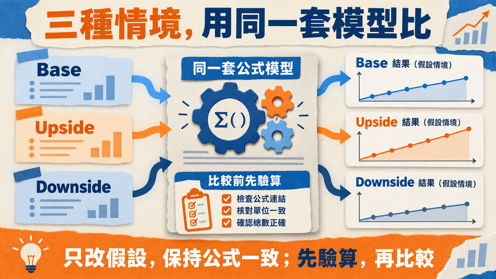 三種情境,用同一套模型比;Base|Upside|Downside;只改假設,保持公式一致;先驗算,再比較