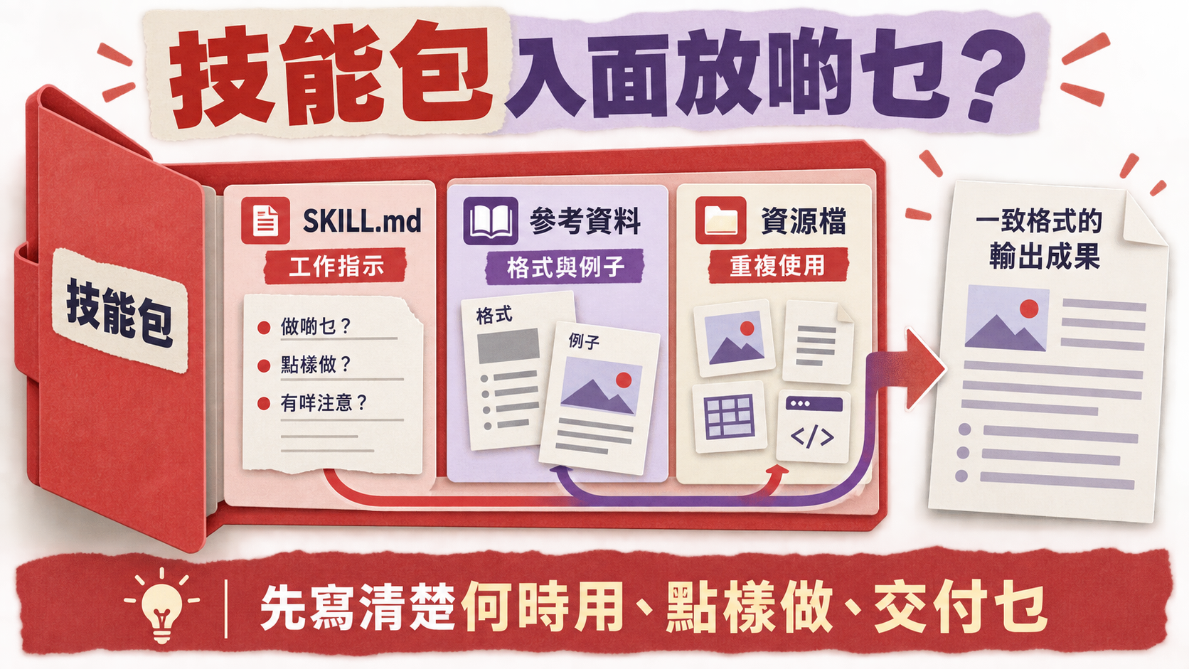 技能包入面放啲乜?;SKILL.md:工作指示|參考資料:格式與例子|資源檔:重複使用;先寫清楚何時用、點樣做、交付乜