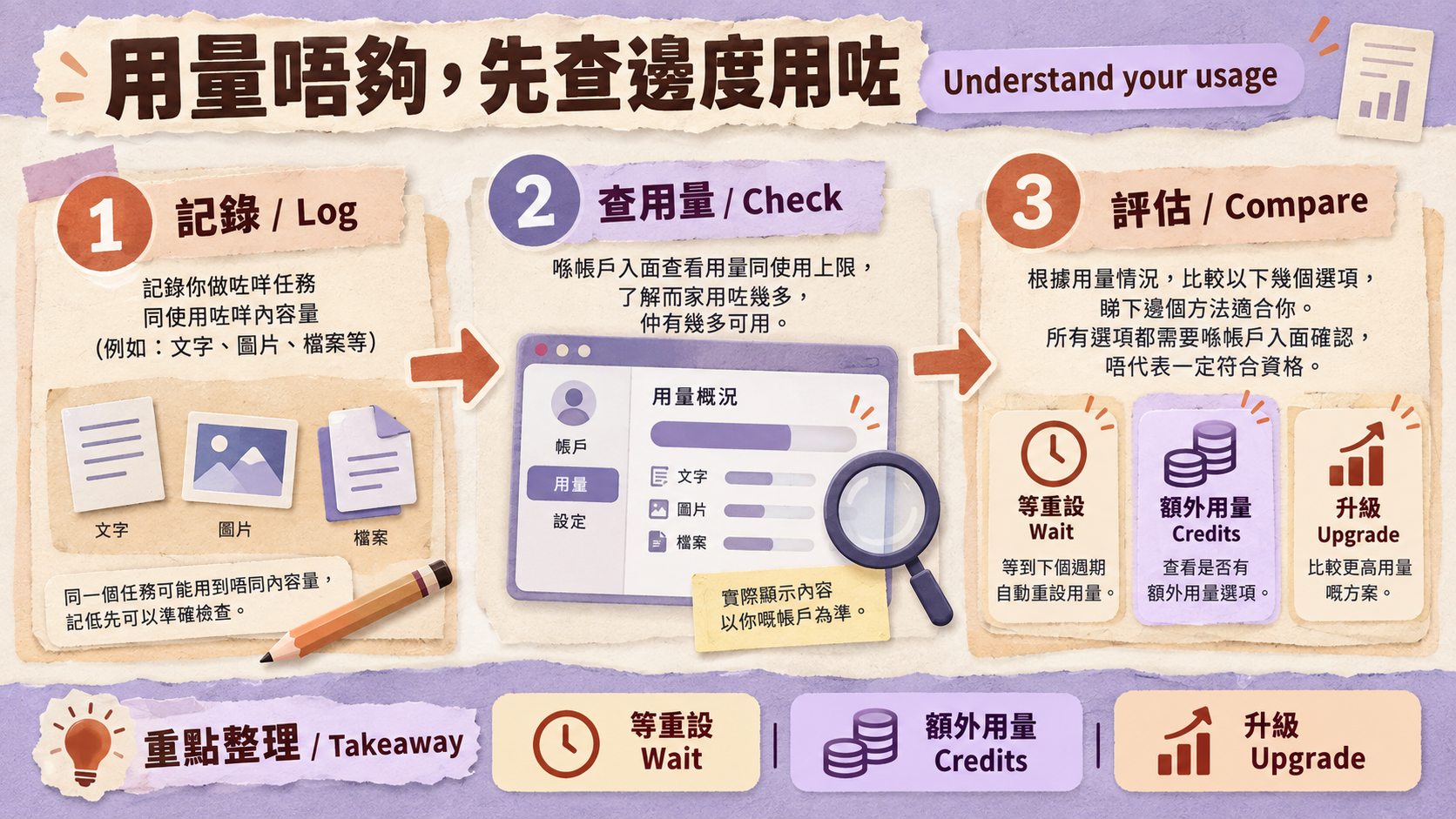 用量唔夠,先查邊度用咗 / Understand your usage;記錄 / Log → 查用量 / Check → 評估 / Compare;等重設 / Wait|額外用量 / Credits|升級 / Upgrade