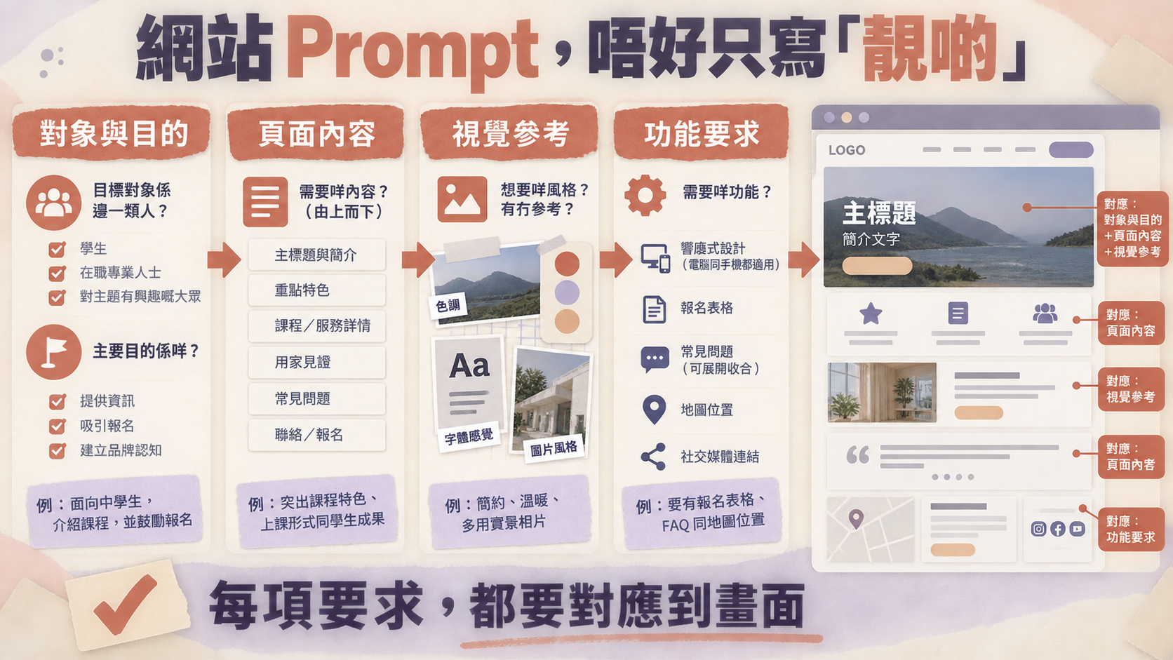 網站 Prompt,唔好只寫「靚啲」;對象與目的|頁面內容|視覺參考|功能要求;每項要求,都要對應到畫面