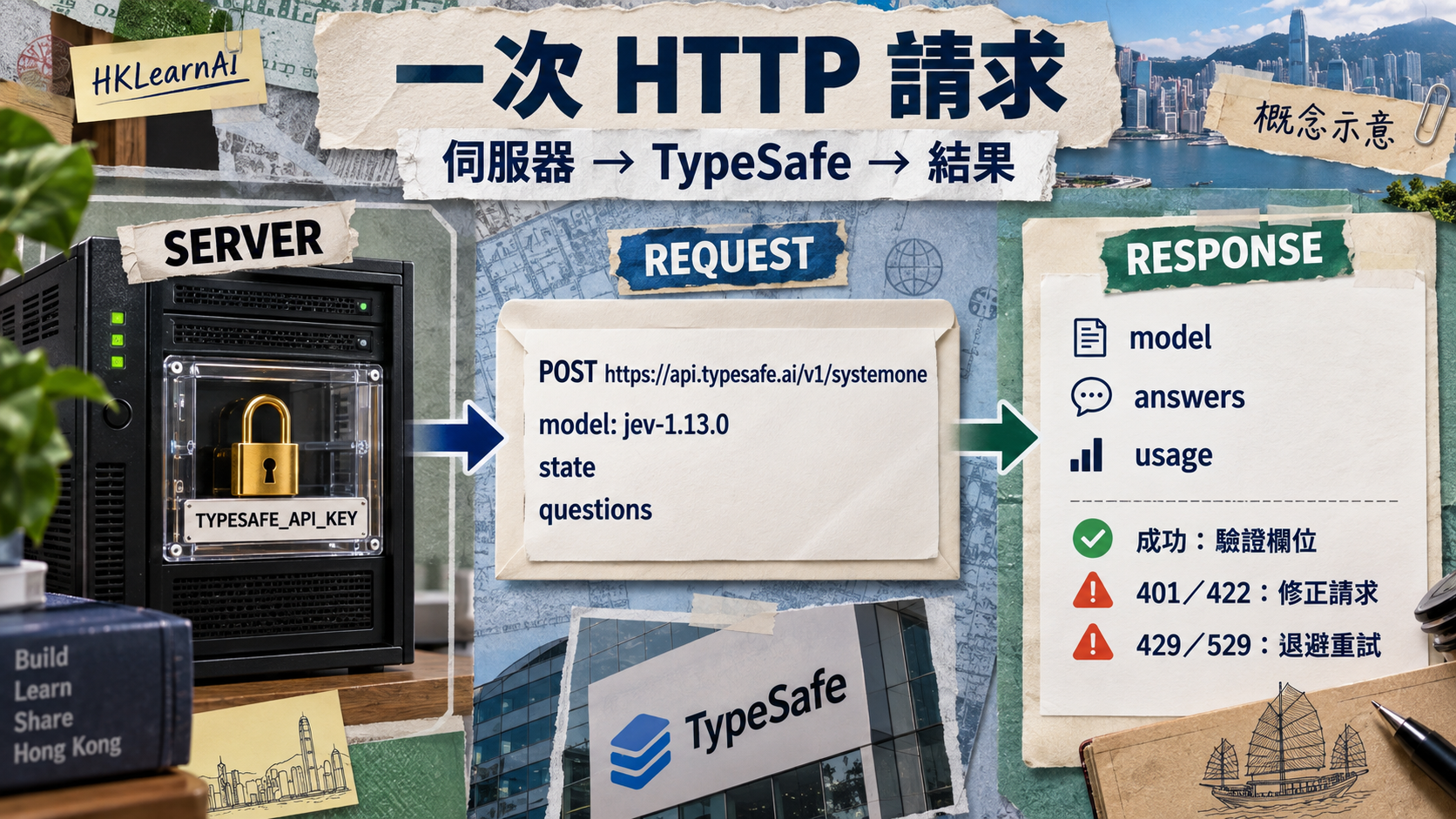伺服器持有 API key,POST model、state、questions 並處理 answers、usage 與錯誤