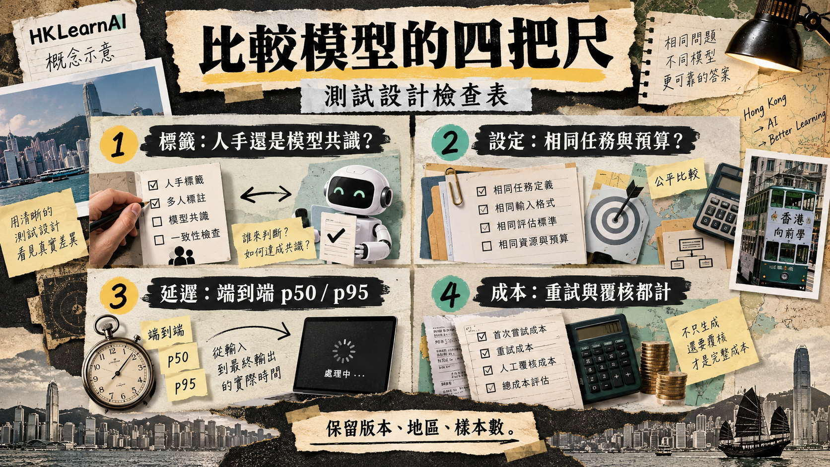標籤、模型設定、p50/p95 延遲及總成本的四項測試檢查