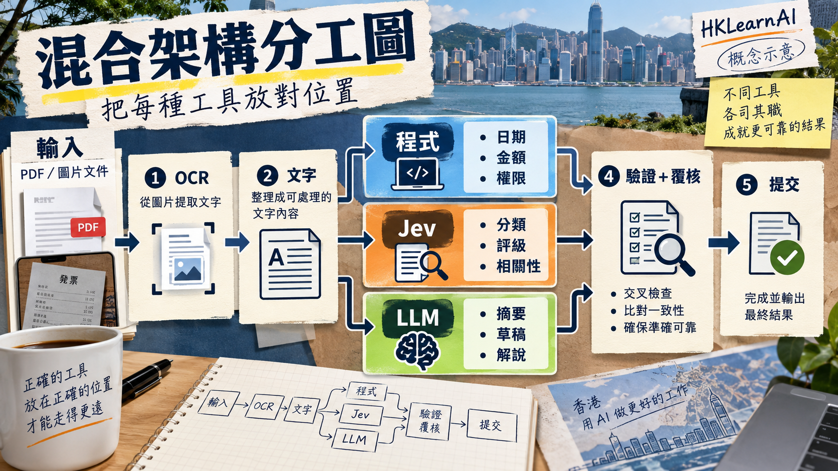 程式處理日期金額權限,Jev 處理分類評級相關性,LLM 處理摘要草稿解說