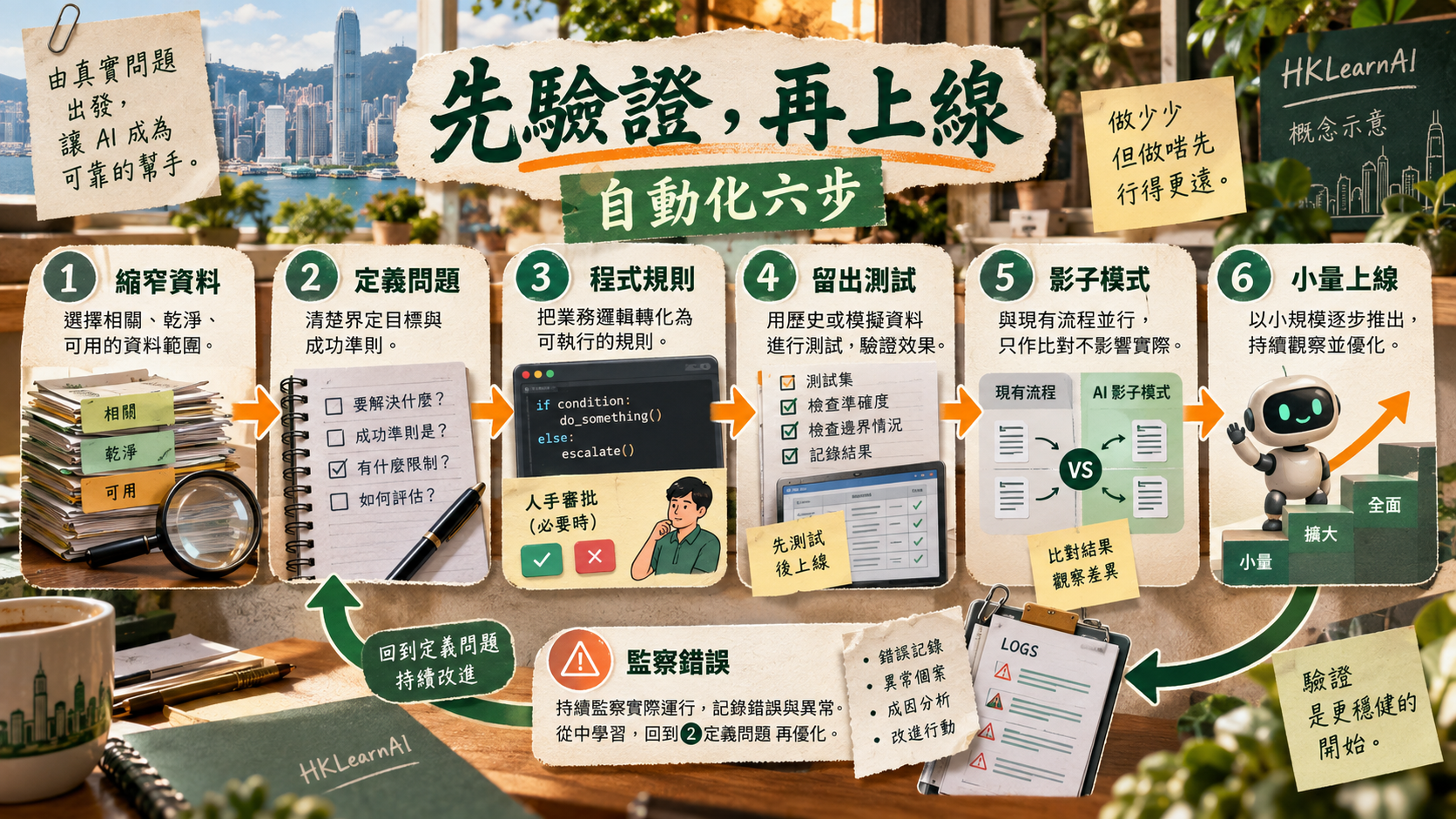 由縮窄資料、定義問題、程式規則、留出測試、影子模式到小量上線