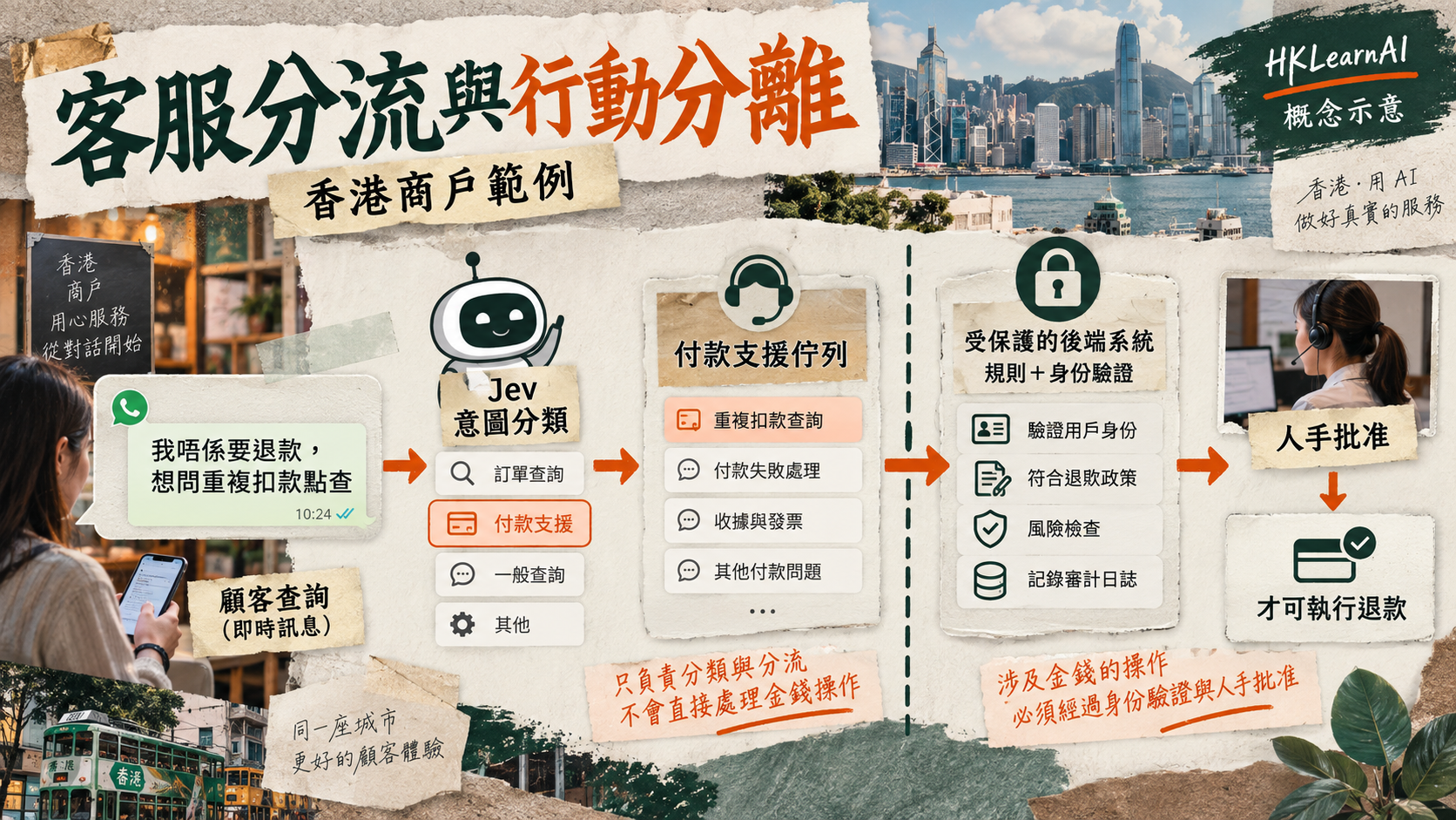 客人的查重複扣款訊息先分到付款支援,退款仍由後端驗證與人手批准